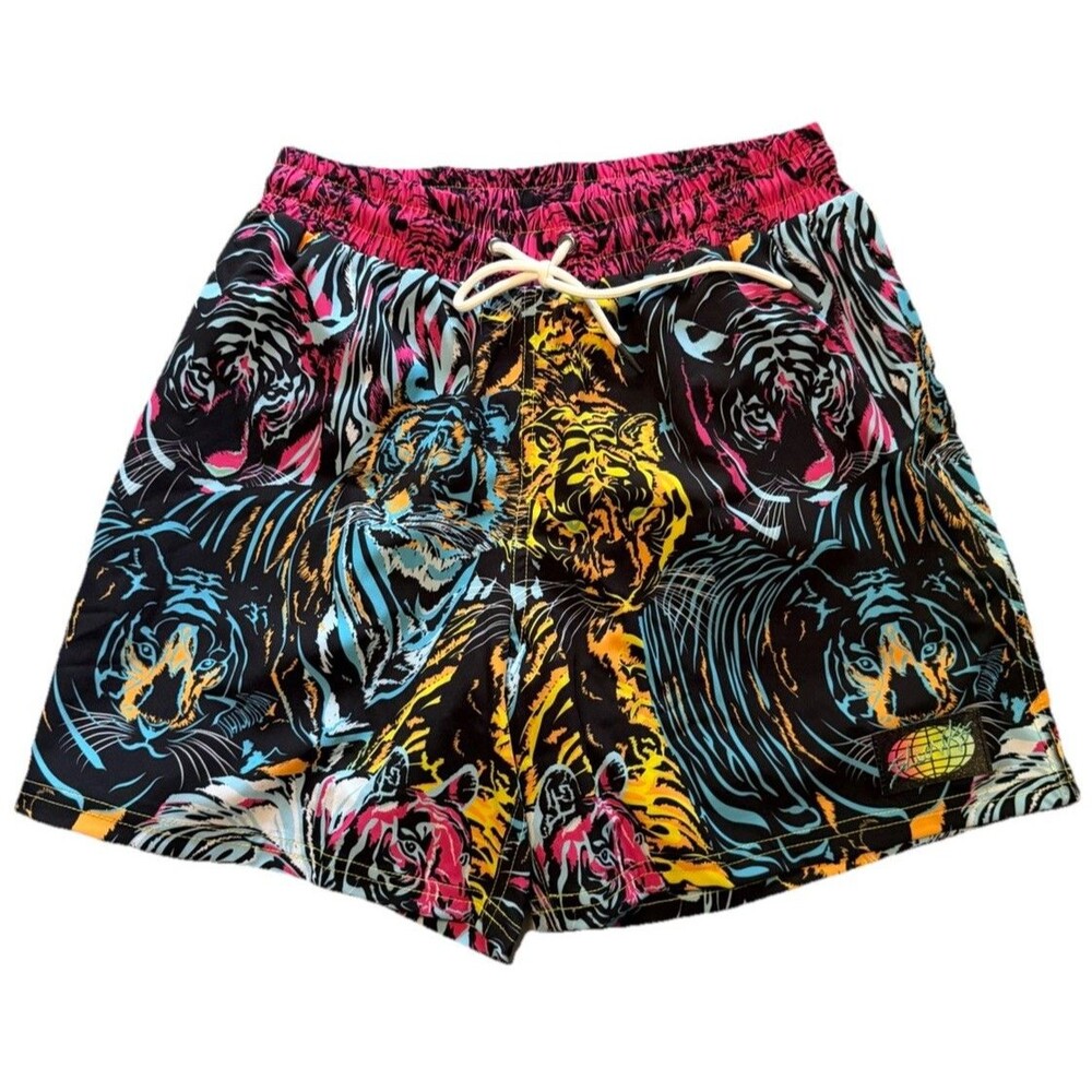 SLUNKS Men's LARGE Lined Volleyball Athletic Shorts Tiger Print